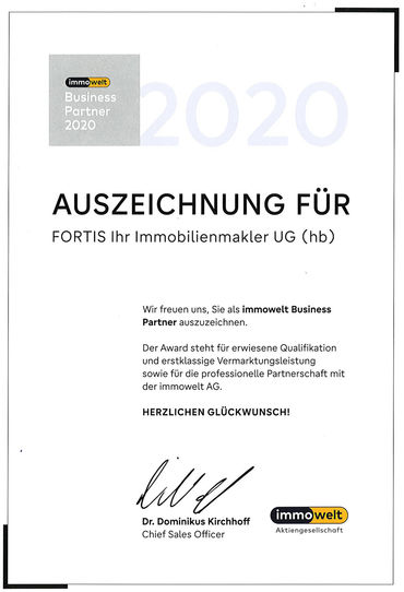 Auszeichnung für Fortis Ihr Immobilienmakler